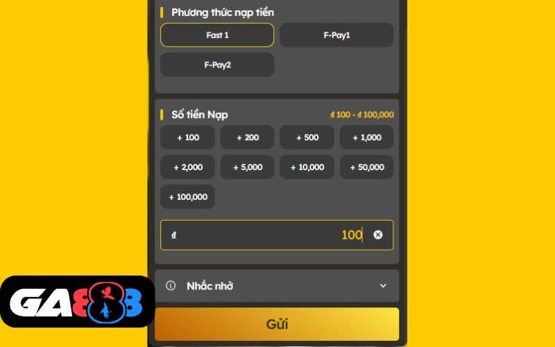 Điền số tiền muốn nạp và bấm gửi để tiếp tục giao dịch Điền số tiền muốn nạp và bấm gửi để tiếp tục giao dịch