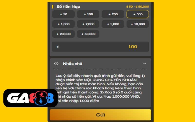 Điền số tiền cần nạp vào ô tương ứng và nhấn gửi Điền số tiền cần nạp vào ô tương ứng và nhấn gửi