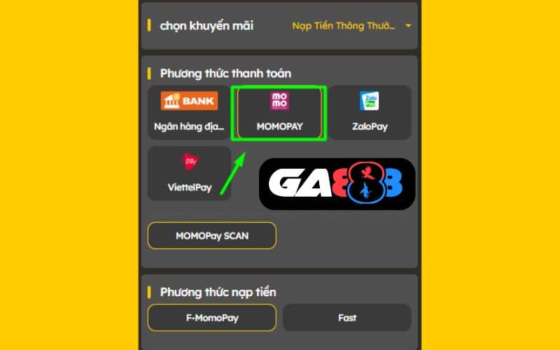 Thêm khuyến mãi và chọn phương thức nạp tiền MOMOPAY Thêm khuyến mãi và chọn phương thức nạp tiền MOMOPAY